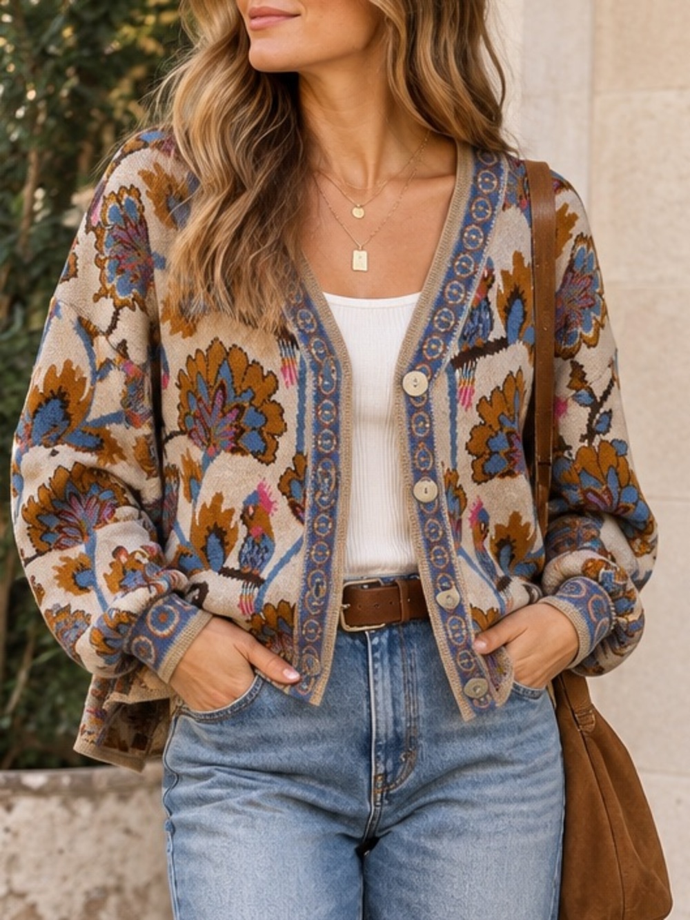 Fate Peacock Floral Jacquard Cardigan Sweater Boho Wool Blend Small
